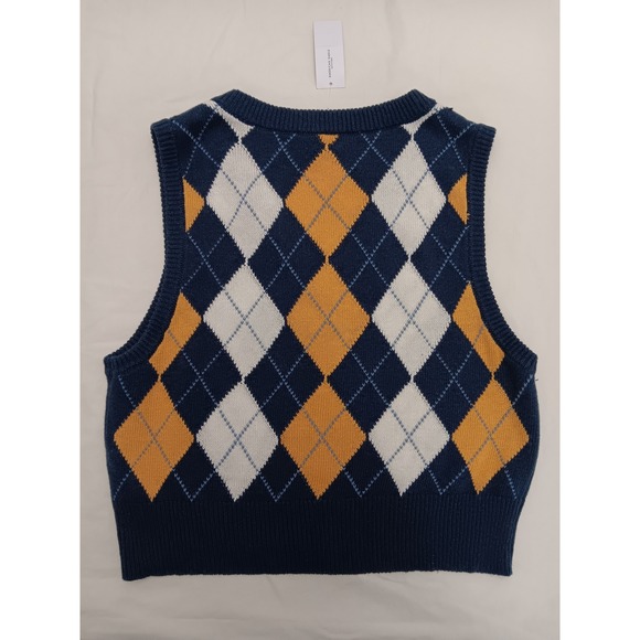 American Eagle Outfitters Argyle Sweater Vest Navy Blue Yellow White Women's M - Picture 9 of 9
